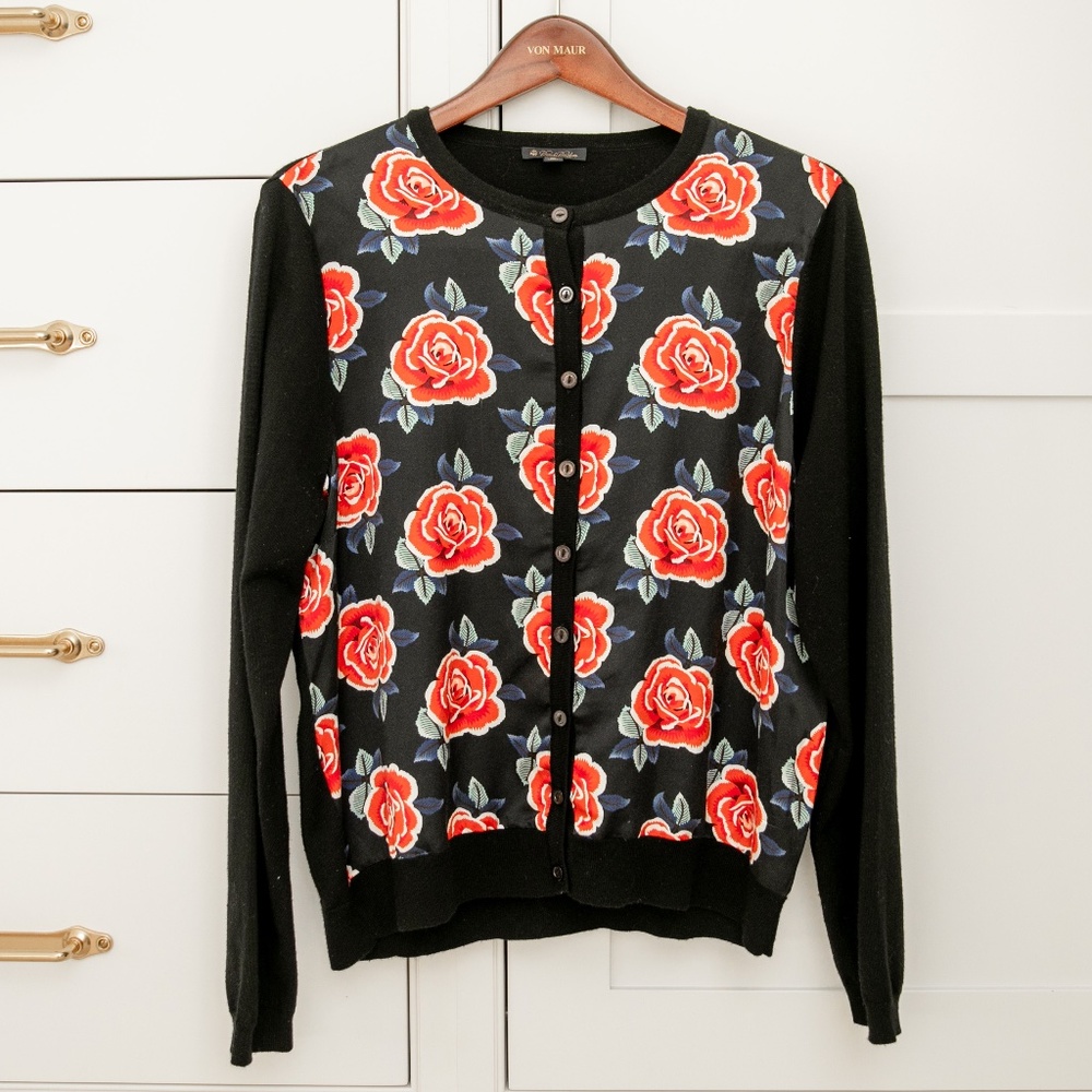 Brooks Brothers Merino Mixed-Media Rose Cardigan | Sz XL